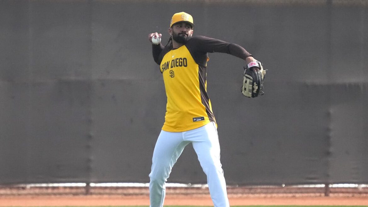 Feb 15, 2026; Peoria, AZ, USA; San Diego Padres right fielder Fernando Tatis Jr. (23) shags balls in the outfield during spring training camp. Mandatory Credit: Rick Scuteri-Imagn Images