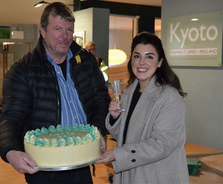 Kyoto founder Nick Cancea and commercial director Sophia Carbonell pictured holding a cake during the firm’s 30th birthday celebrations last May.