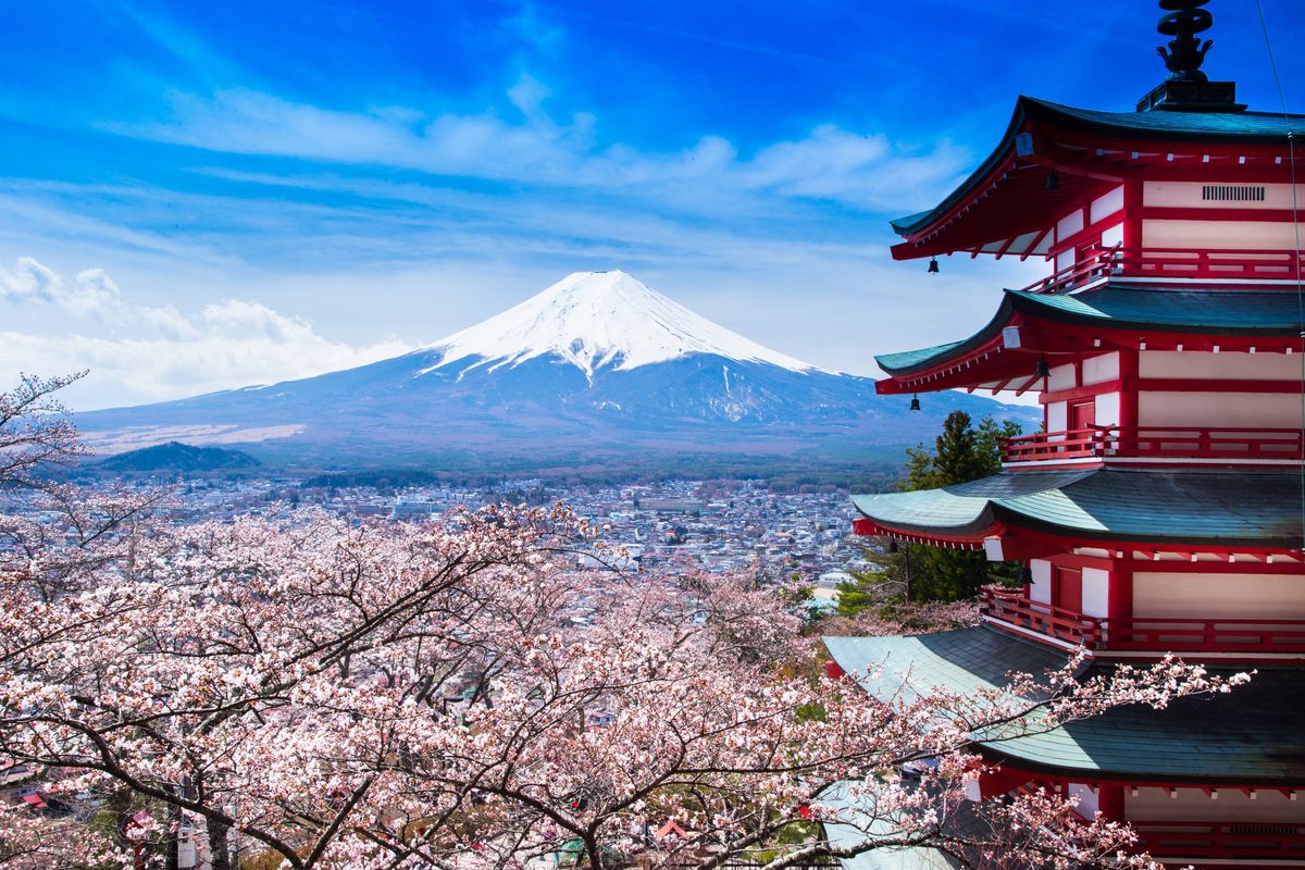 Fujiyoshida, Japan - April 12, 2014 : The Chureito Pagoda, a five-storied pagoda also known as the Fujiyoshida Cenotaph Monument, was built in 1958.