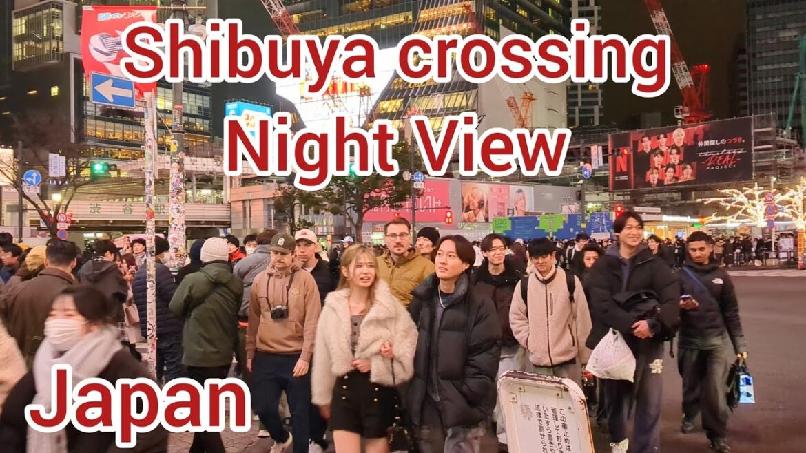 Shibuya crossing night view & walking tour. Tokyo, Japan.