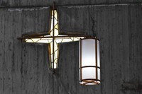 A stained glass window and a lighting fixture are seen in Catholic Katsura Church in Kyoto's Nishikyo Ward, Nov. 21, 2025. (Mainichi/Takao Kitamura)