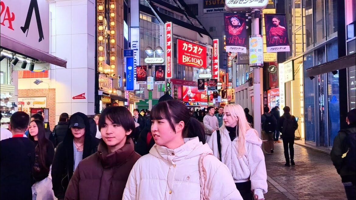Shibuya crossing night walking tour. Tokyo, Japan.