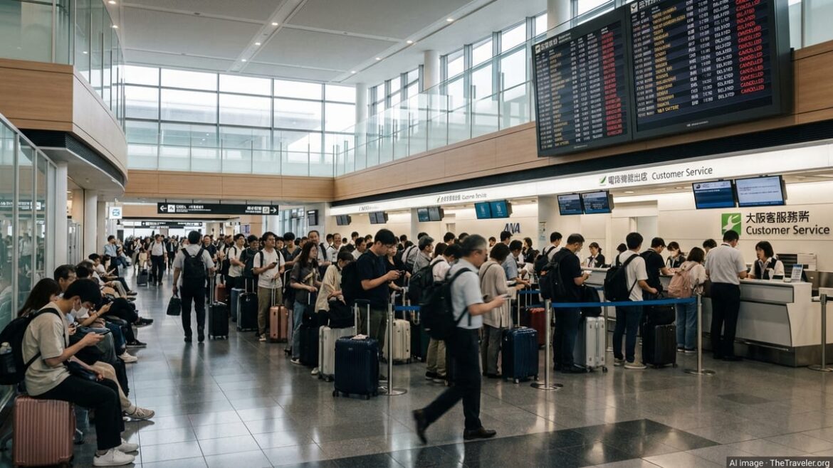 Passengers queue at Osaka Itami Airport check-in as departure boards show wide flight delays.