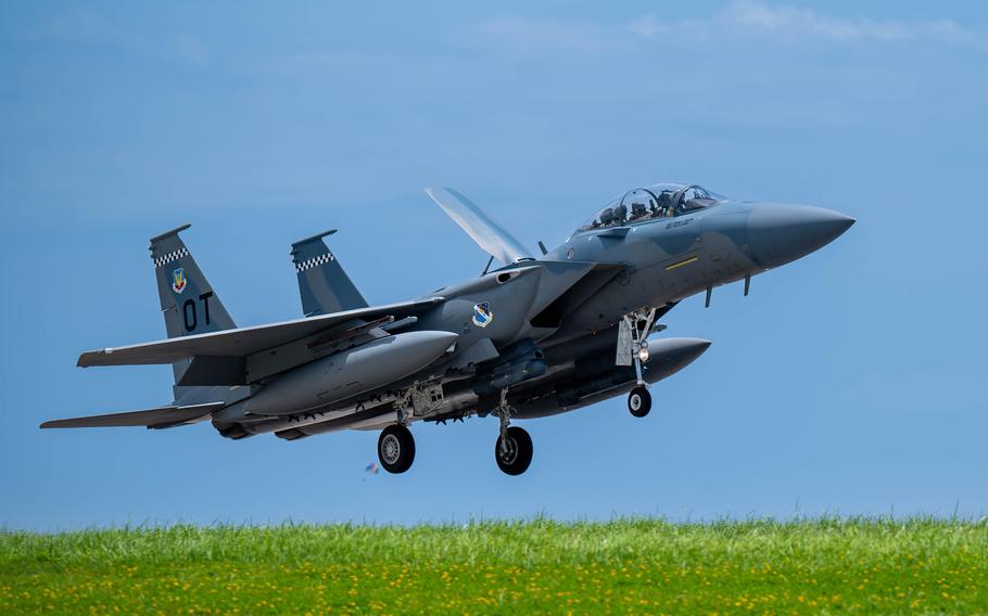 A U.S. Air Force F-15EX Eagle II, assigned to 85th Test and Evaluation Squadron, Eglin Air Force Base, Fla., lands at Kadena Air Base, Okinawa, July 16, 2025.