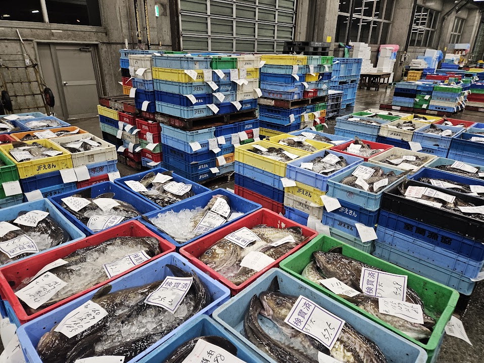 Seafood products waiting for auction at a seafood wholesale market in Hakodate, Hokkaido, Japan. I can't see a single box of squid. Correspondent Lee Seung-hoon of Hakodate
