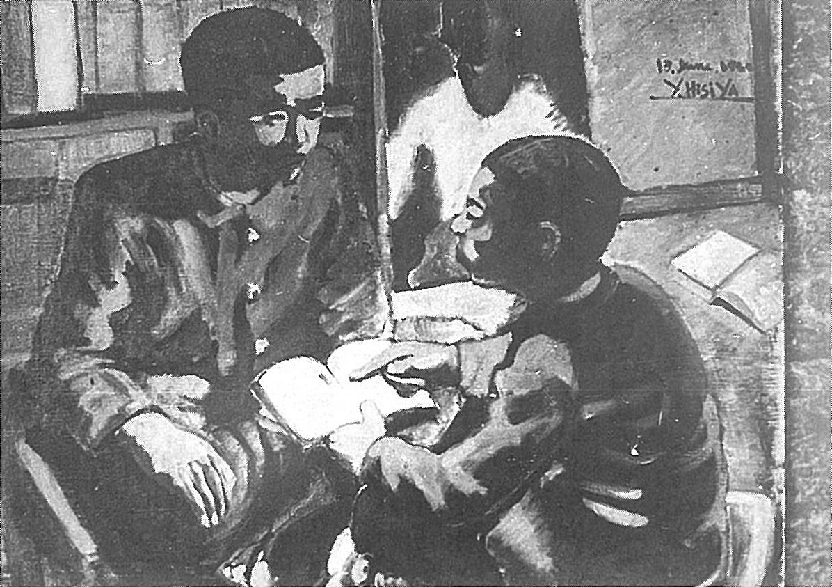 Hishiya’s work depicting two people in deep discussion. (Courtesy Hishiya Ryōichi)