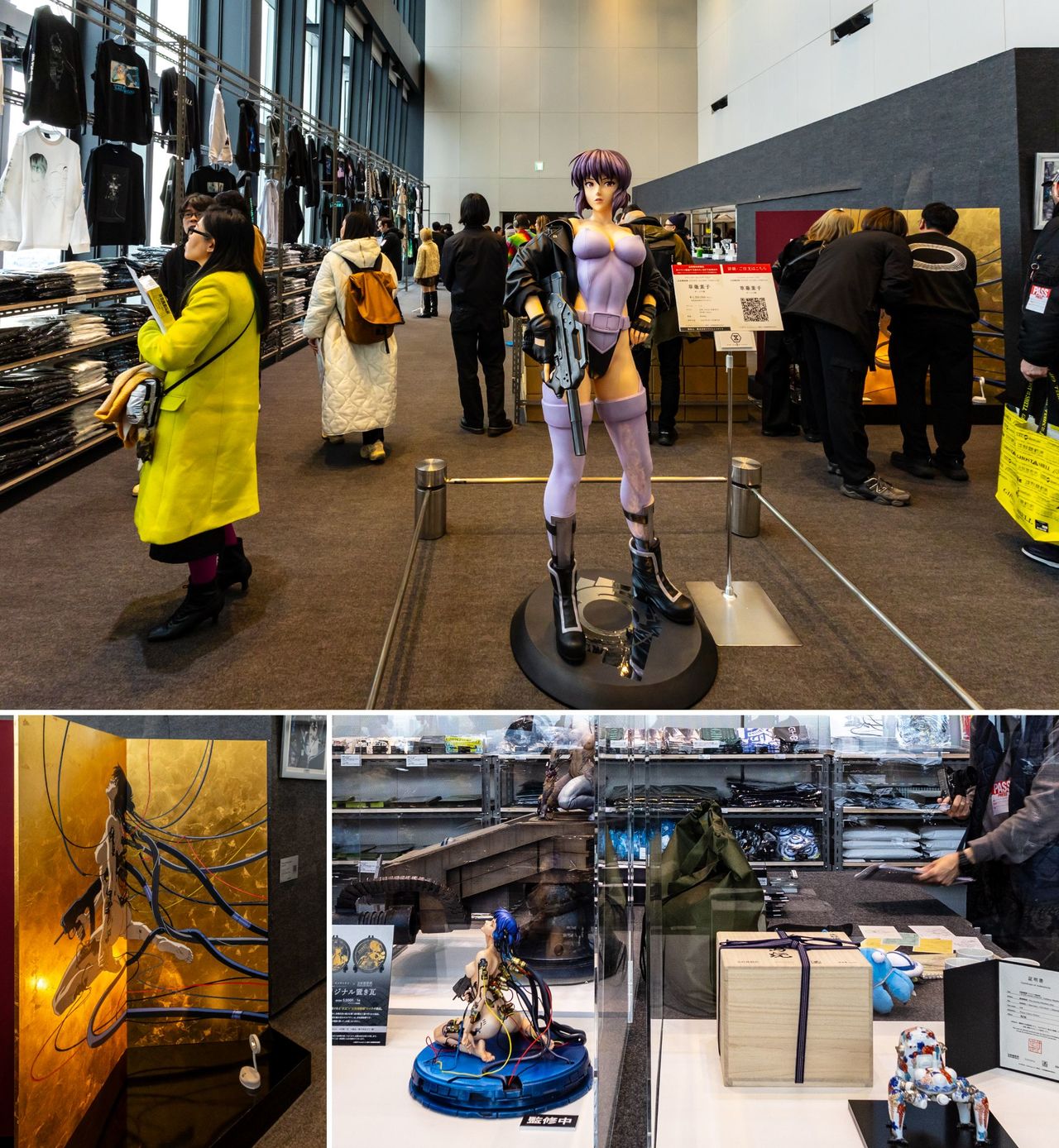 More than 80 collaborations with artists and brands from Japan and abroad are available. The 1:1 scale statue of Kusanagi Motoko unveiled at the venue (top) is priced at ¥1.32 million, with a limited made-to-order run of 50 units. (© Nippon.com)