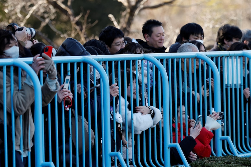 People holding phones stand near a blue barrier looking at something out of frame