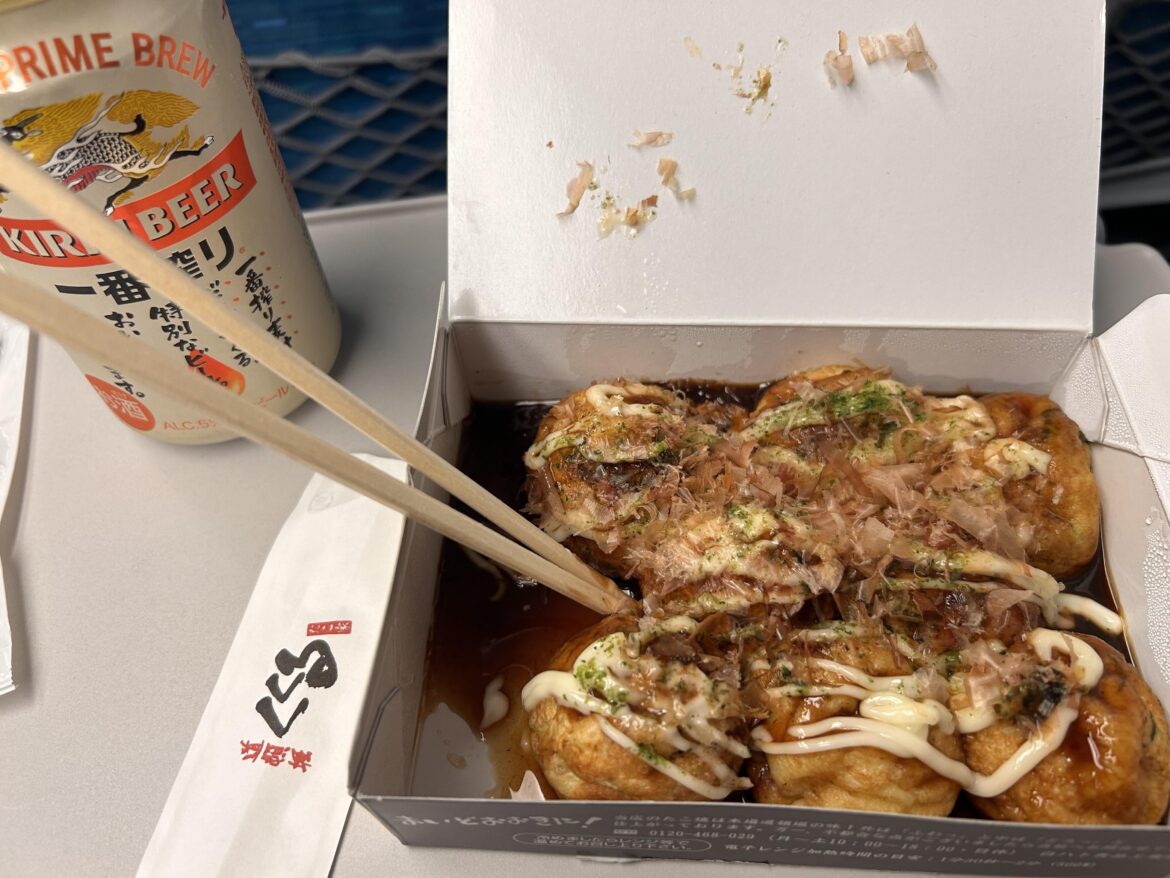 Takoyaki and Beer… Playing “Japanese Salaryman” on the Shinkansen😂