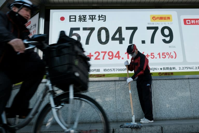 Investors pushed Tokyo's benchmark Nikkei 225 index above 57,000 points for the first time following Prime Minister Sanae Takaichi's resounding victory in a snap parliamentary election (Kazuhiro NOGI)