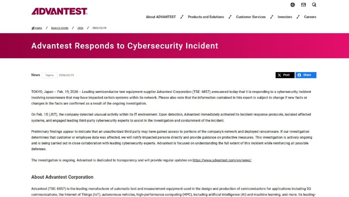 Japanese chip-testing firm Advantest confirms ransomware incident