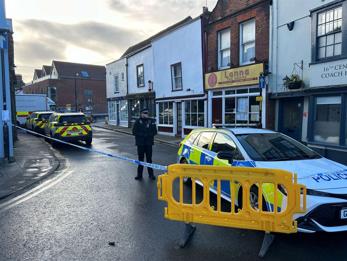 A police cordon remains in place in Dover Street following a fire at the former Odeon cinema in Canterbury