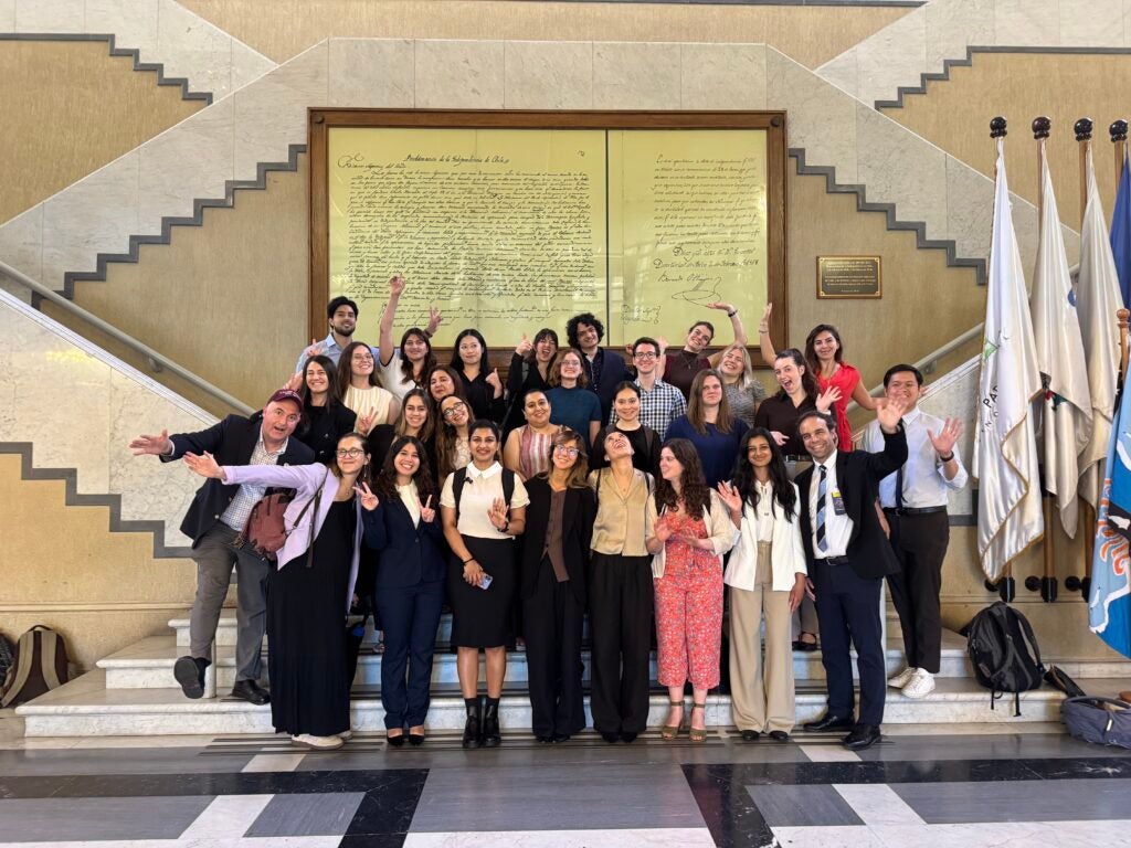 Students post in a Chilean government building.