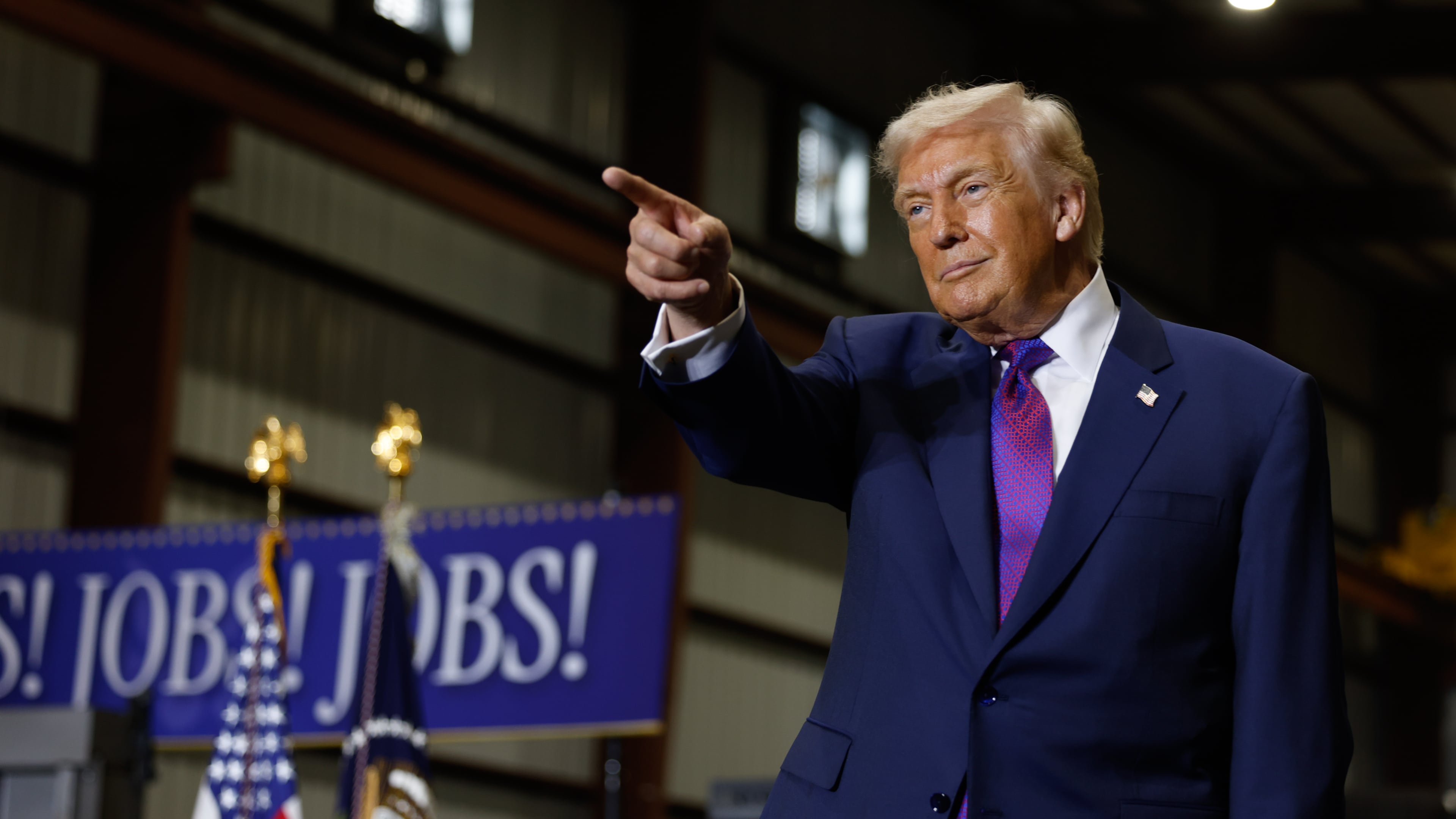 President Donald Trump walks out to speak at Coosa Steel service center in Rome on Thursday, Feb. 19, 2026. It is Trump’s first visit to Georgia since his reelection. (Arvin Temkar/AJC)