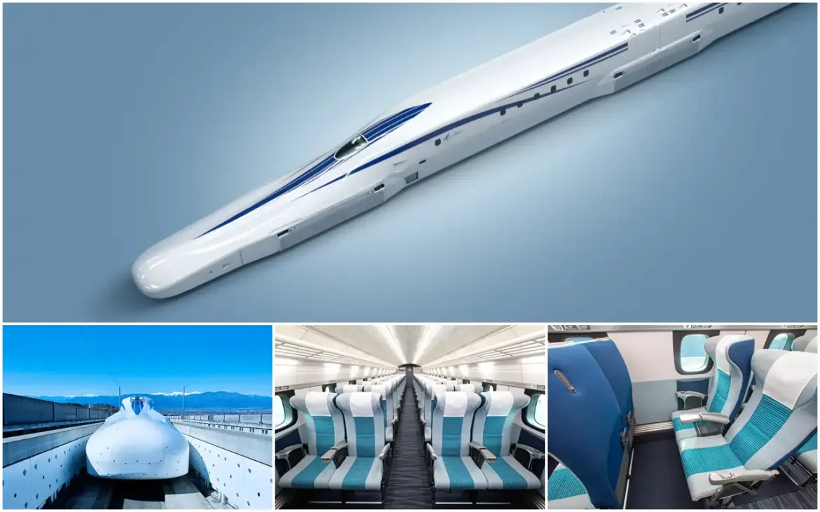 High-speed Japanese L0 Series maglev train exterior with modern passenger cabin interior