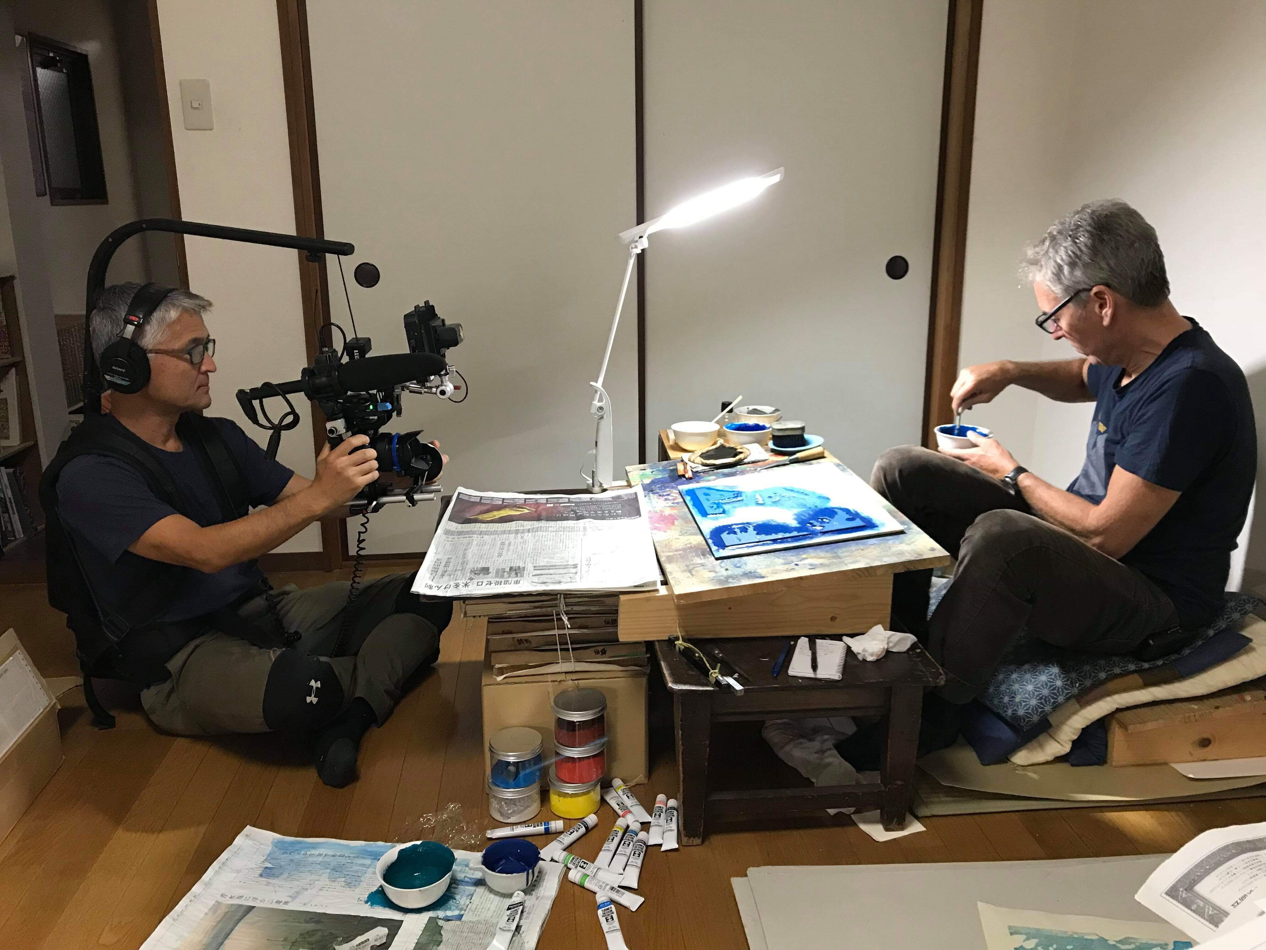 Marin filmmaker Chikara Motomura, left, films West Marin artist Tom...