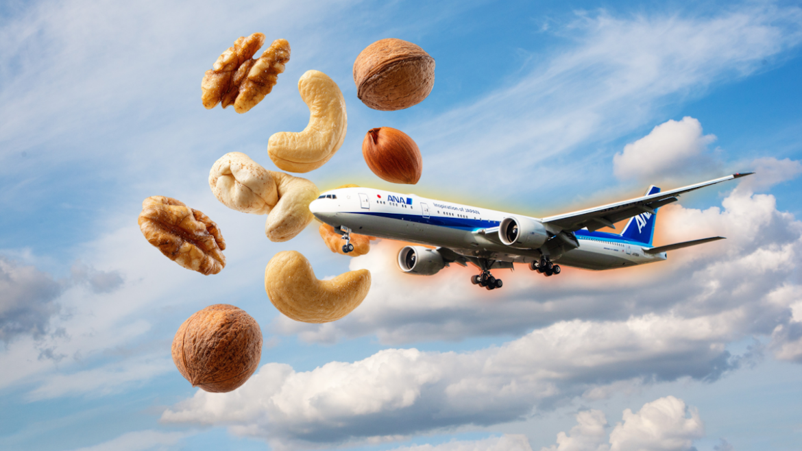 Picture of All Nippon Airways plane flying with nuts in the sky behind it
