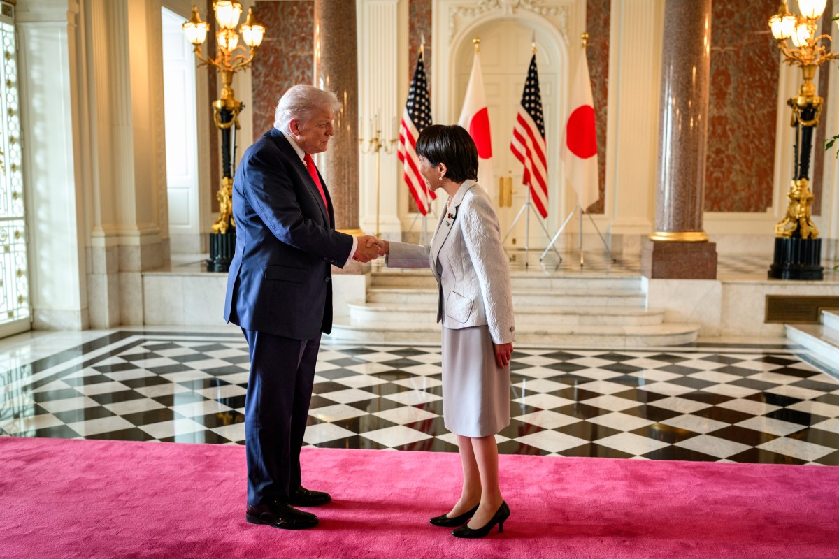 President Donald Trump is greeted by Japanese Prime Minister Sanae Takaichi at Akasaka Palace, Tuesday, October 28, 2025, in Tokyo, Japan. (Official White House Photo by Daniel Torok)