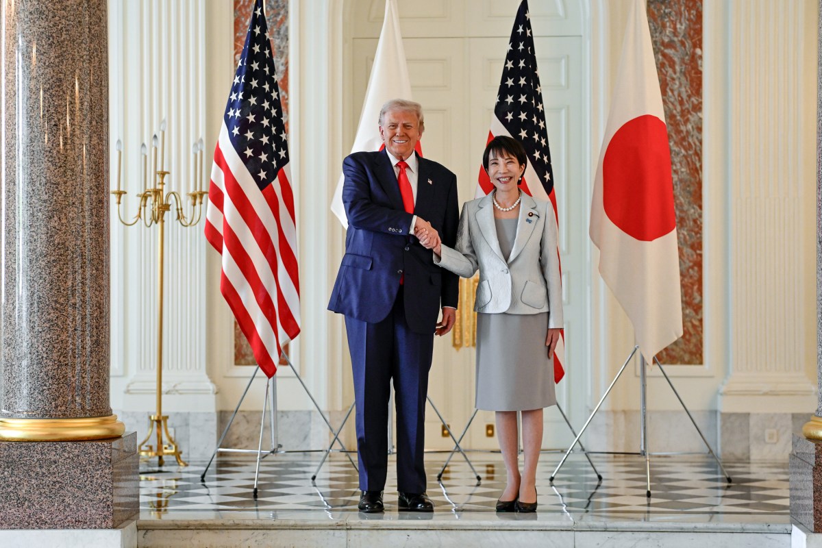 President Donald Trump is greeted by Japanese Prime Minister Sanae Takaichi at Akasaka Palace, Tuesday, October 28, 2025, in Tokyo, Japan. (Official White House Photo by Daniel Torok)