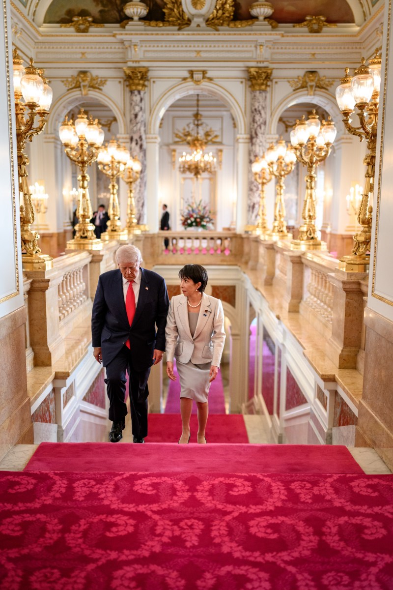 President Donald Trump walks to a welcome ceremony with Japanese Prime Minister Sanae Takaichi at Akasaka Palace, Tuesday, October 28, 2025, in Tokyo, Japan. (Official White House Photo by Daniel Torok)