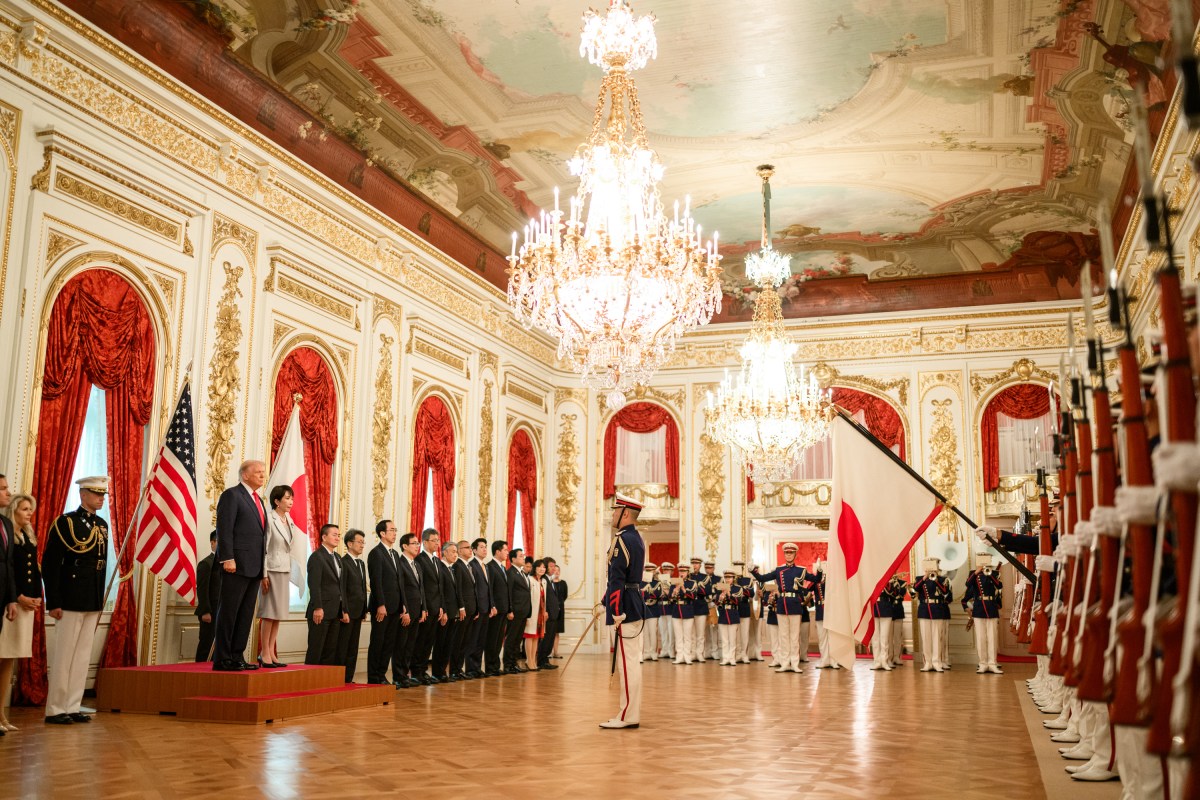 President Donald Trump participates in a welcome ceremony with Japanese Prime Minister Sanae Takaichi at Akasaka Palace, Tuesday, October 28, 2025, in Tokyo, Japan. (Official White House Photo by Daniel Torok)