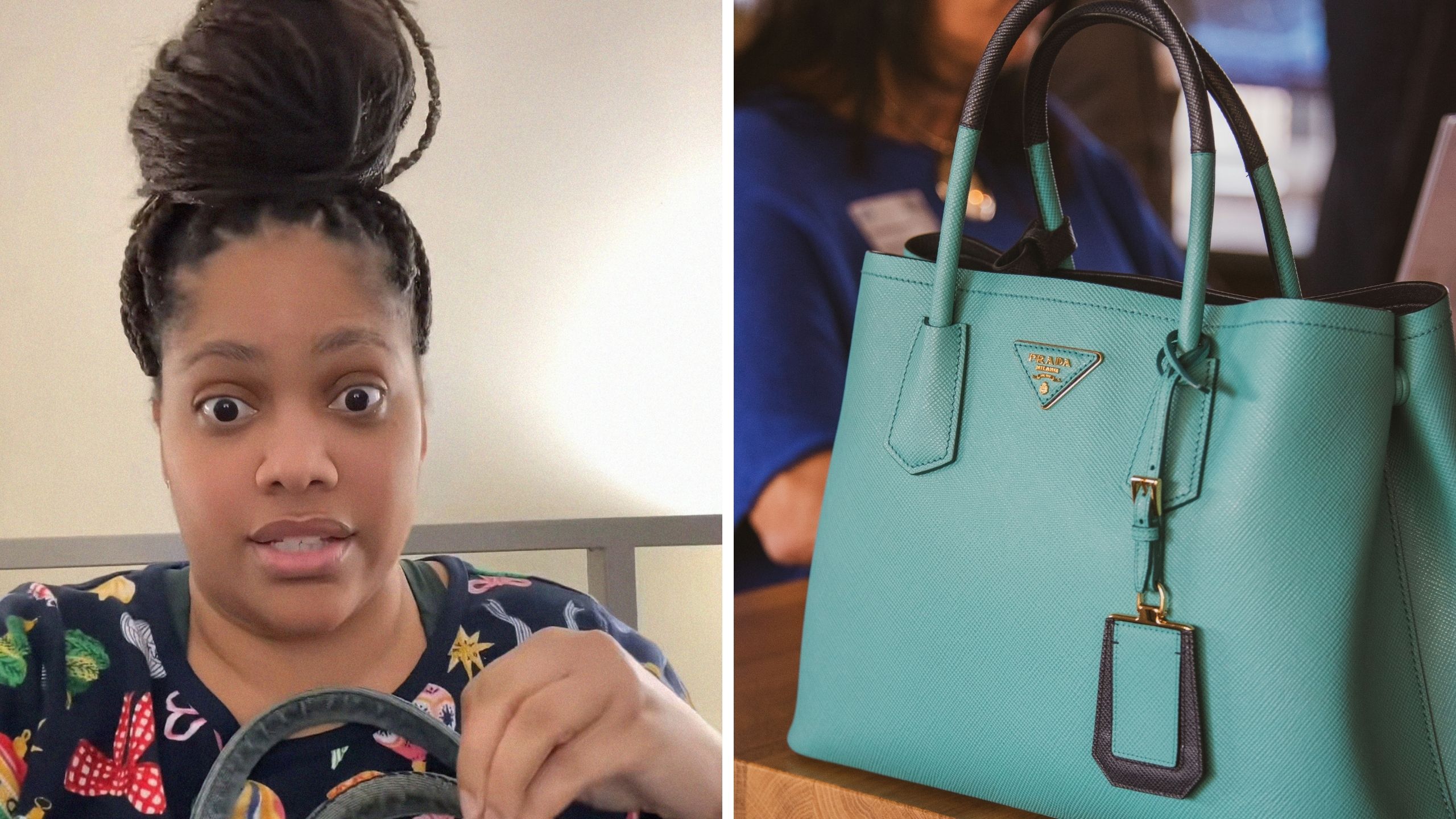 woman shares online shopping purchase (l) prada bag (r)