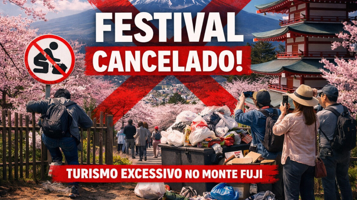 Excessive tourism leads to the cancellation of Mount Fuji cherry blossom festival after complaints of misbehaving tourists.