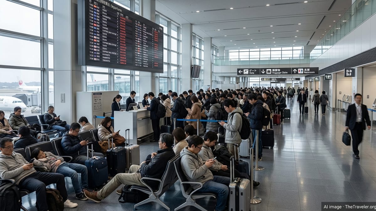 Passengers waiting and queuing in a crowded Japanese airport during widespread flight delays.