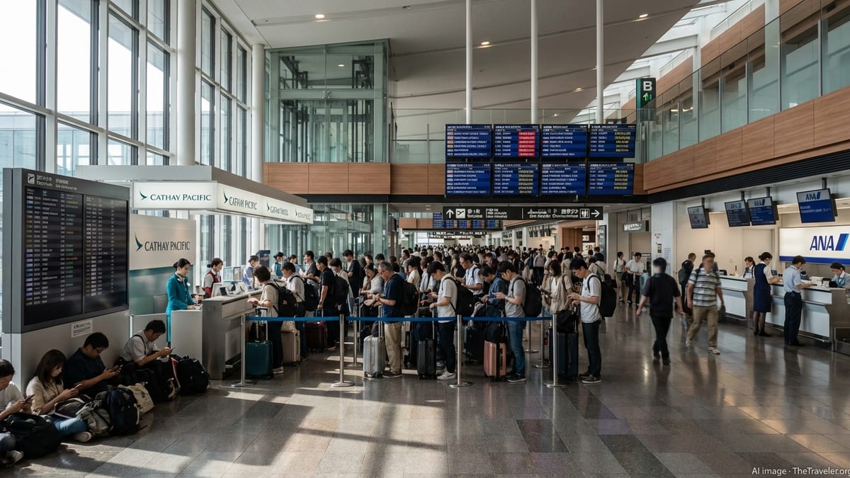 Crowded check-in hall at a Japanese airport with queues after flight cancellations.