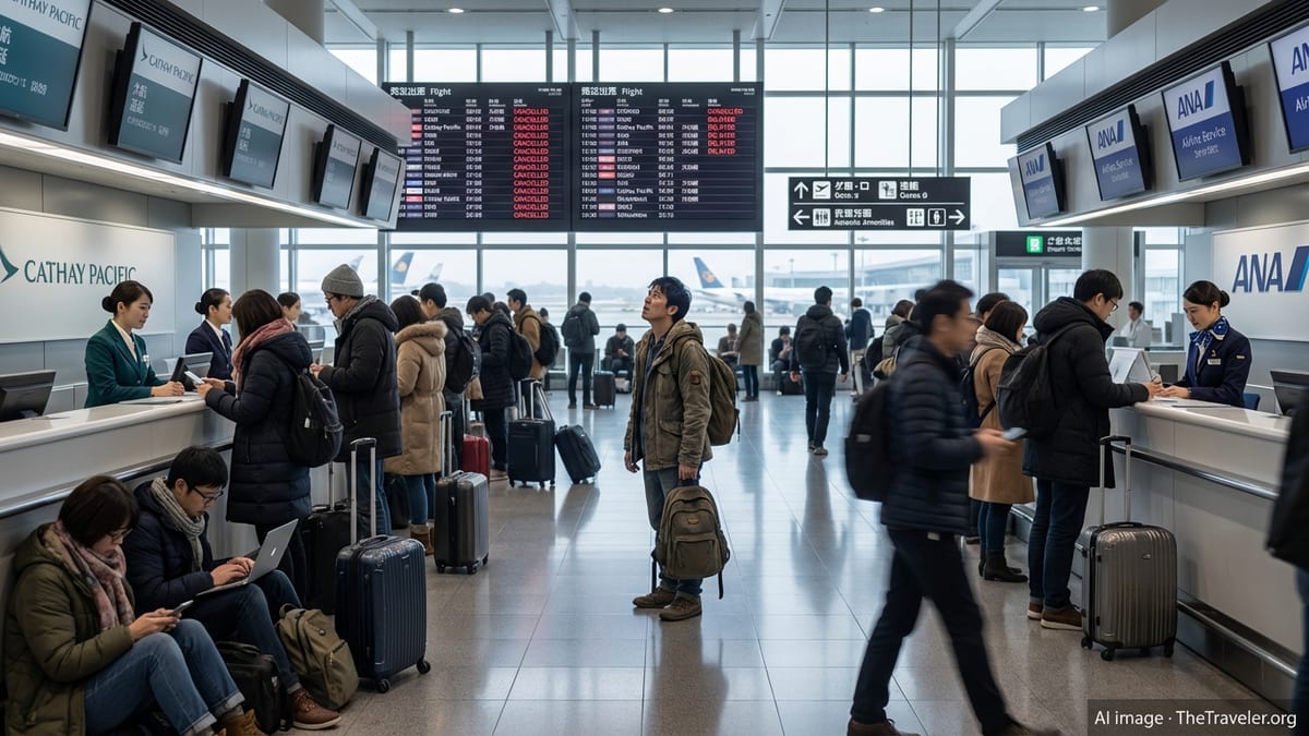 Crowded Japanese airport terminal with cancelled flights on departure boards.