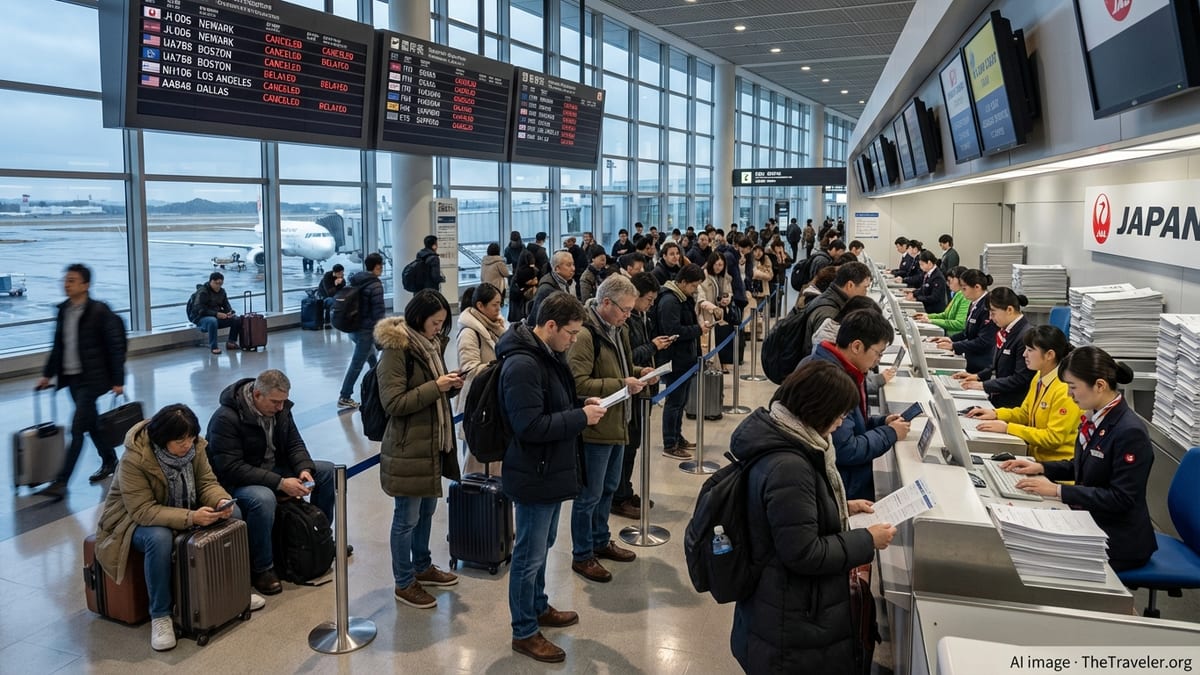 Crowded Japanese airport terminal with canceled flights on screens and passengers queuing at airline counters.