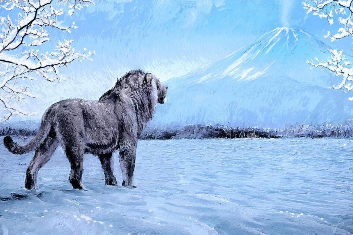 Supplied illustration shows a cave lion gazing toward Mt. Fuji in ancient Japan, reflecting research suggesting lions once reached the archipelago during periods of lower sea levels. (Image via Takumi Tsutaya/ Illustration by Velizar Simeonovski/Kyodo)