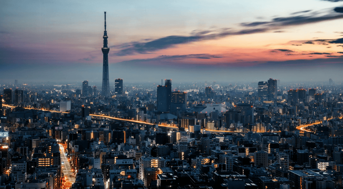 Tokyo Skyline, city lights and sunset.