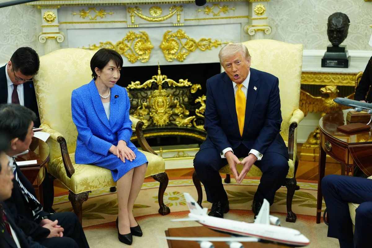 United States President Donald J Trump speaks to the media as he meets Prime Minster Takeuchi Sanae of Japan in the Oval Office of the White House in Washington, DC, USA