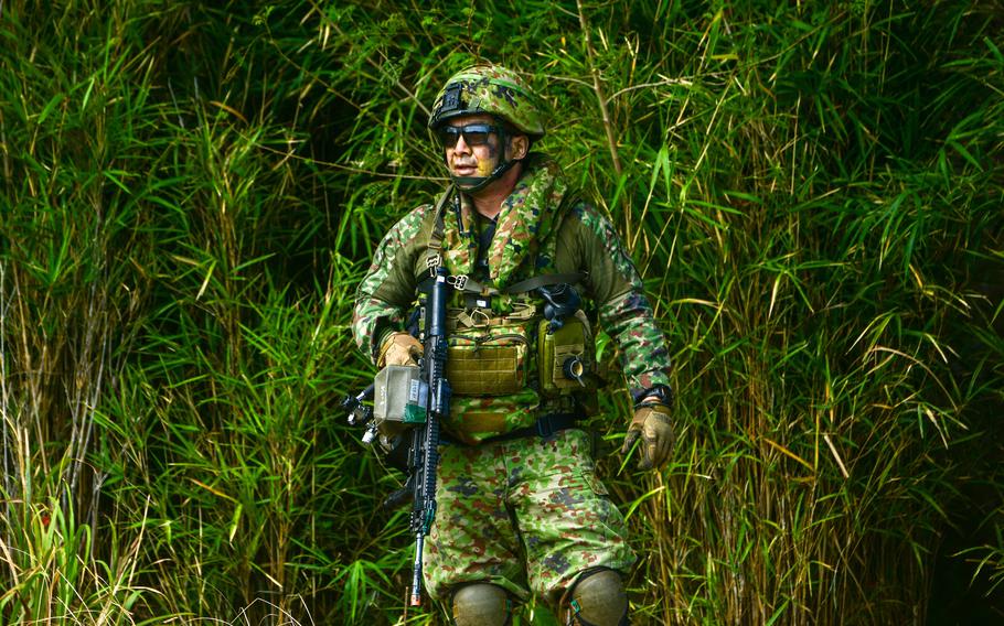 A Japanese soldier standing near tall grass.