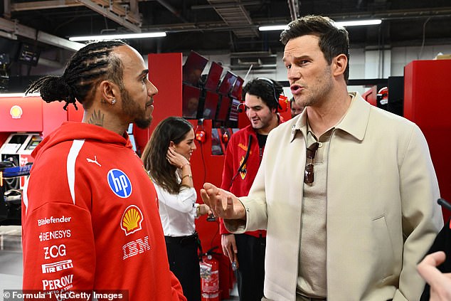The seven-time world champion spent time chatting to actor Chris Pratt in the Ferrari garage