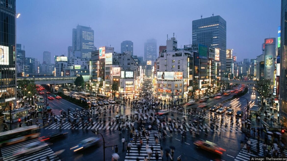 Is Japan Worth It for Travelers? What to Expect Evening view over a busy Tokyo crossing with neon lights and crowds at blue hour
