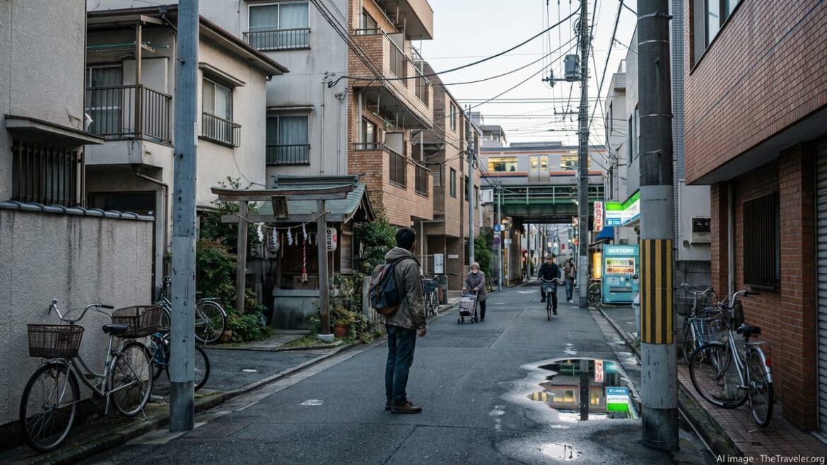 I Traveled Across Japan. Here Is What Surprised Me Traveler on a quiet backstreet in Tokyo at dawn with shrine and bicycles.