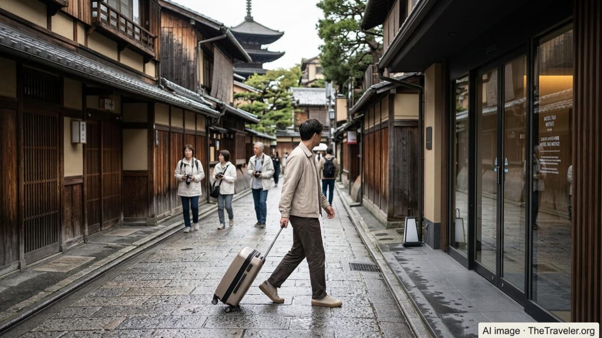Travelers with suitcases walk past a Kyoto hotel entrance as a tax notice is posted by the door.