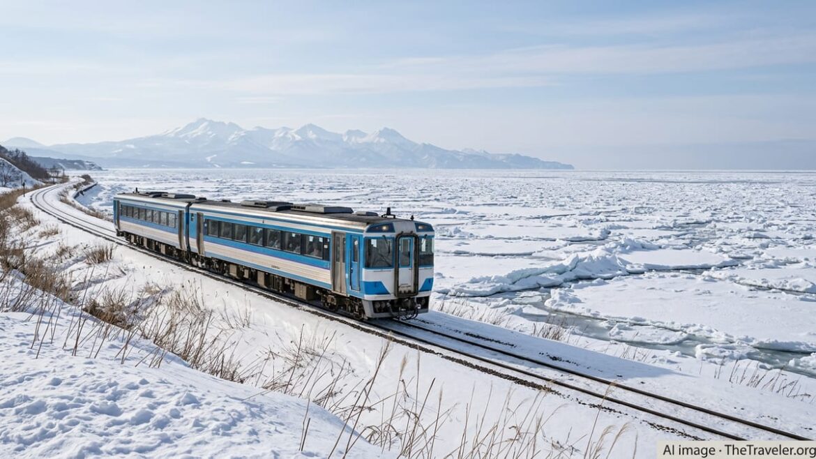 Blue and white Ryuhyo Monogatari train running beside drift ice on Hokkaido’s Sea of Okhotsk coast.