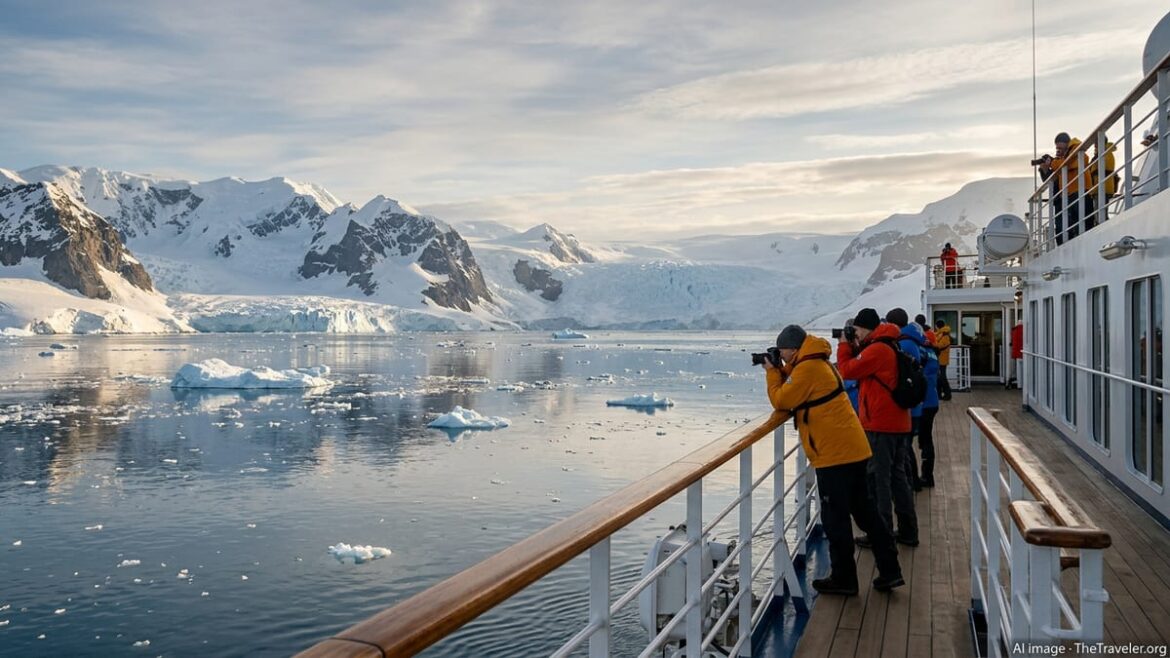 Luxury expedition ship with guests sailing past icy peaks and glaciers in Antarctica at sunset.