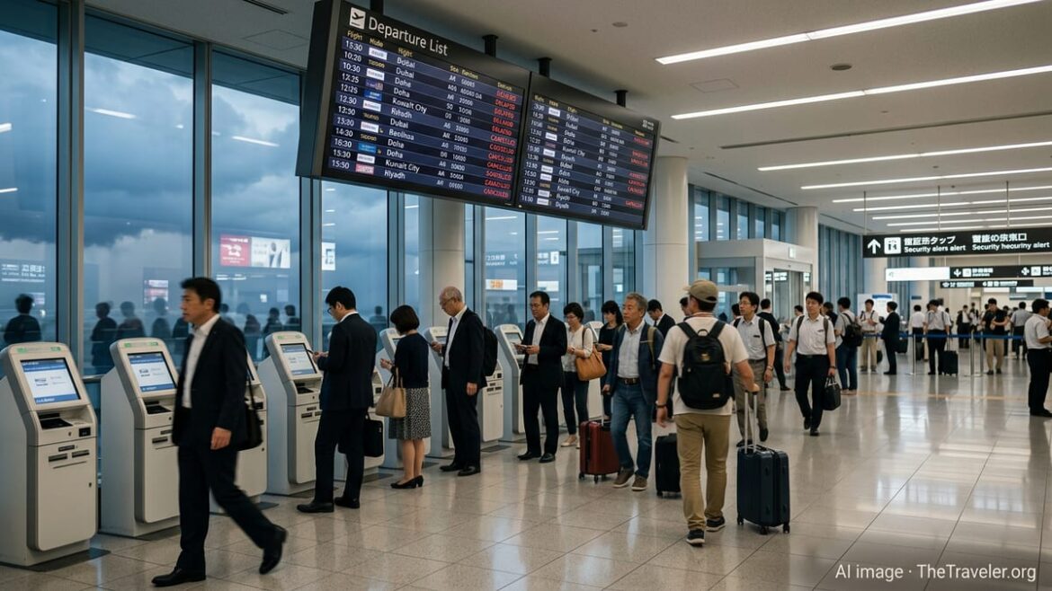 Travelers in a Japanese airport check Gulf-bound flights marked delayed or cancelled on large departure screens.