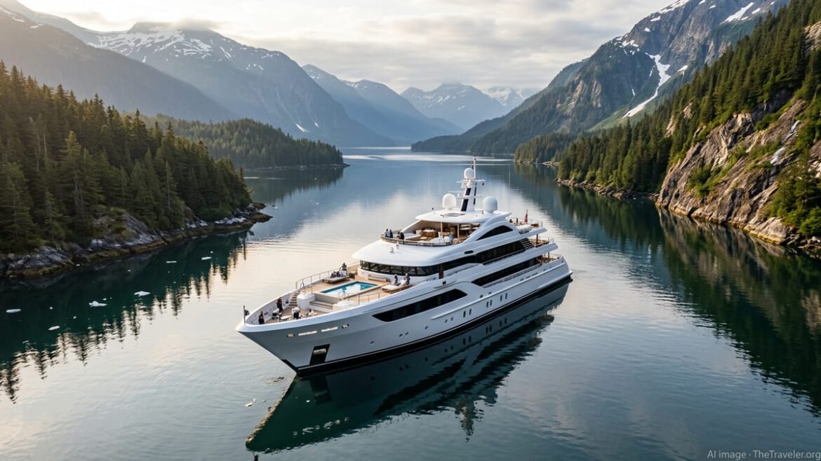 Ritz-Carlton Luminara yacht cruising through Alaska’s Inside Passage at sunset between forested mountains.