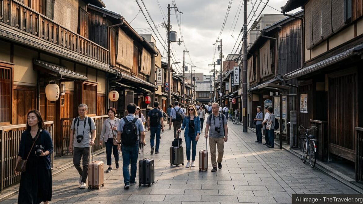 Kyoto’s New Visitor Tax Puts Overtourism in Global Spotlight Tourists walking past traditional wooden townhouses in Kyoto’s Gion district near small hotels at sunset.