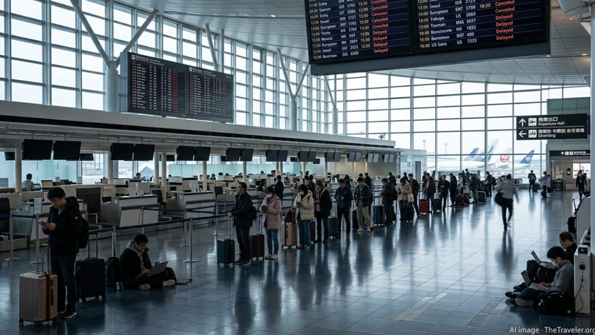 Crowded Tokyo airport departure hall with passengers queuing under boards showing multiple canceled international flights.