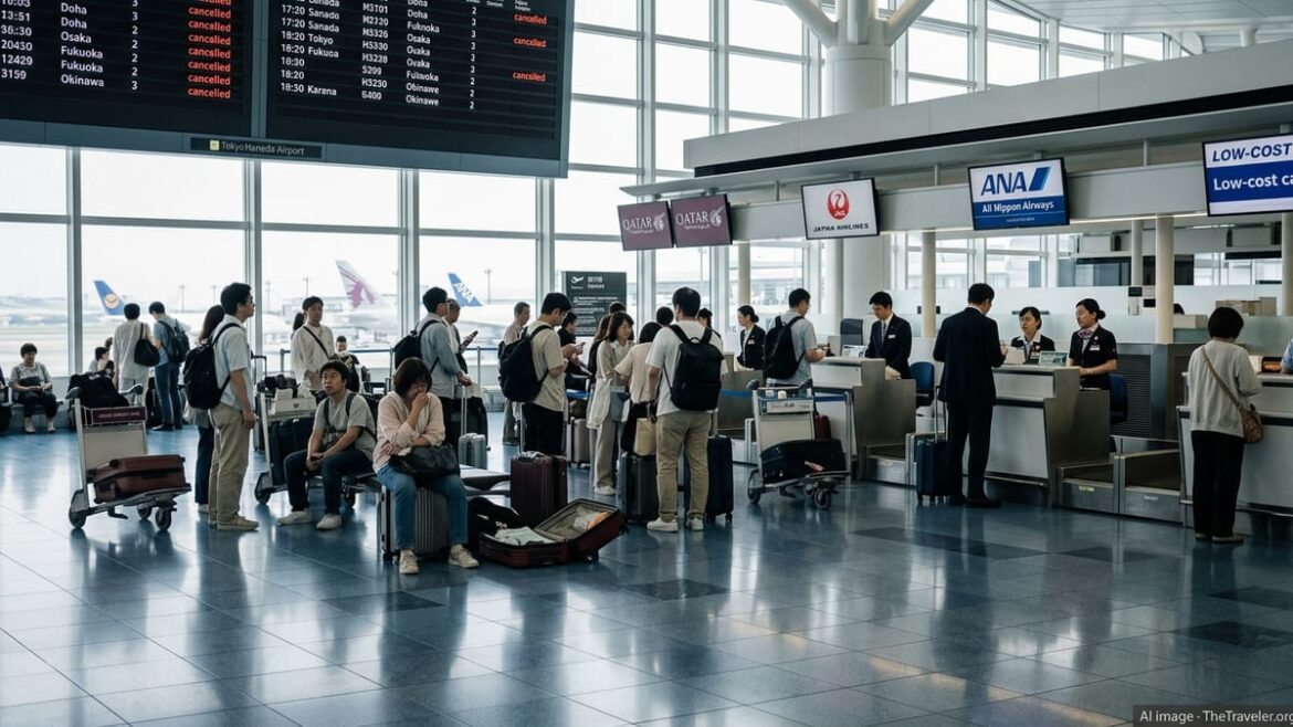 Crowded Tokyo airport departure hall with multiple canceled flights on screens and stressed travelers seeking assistance.