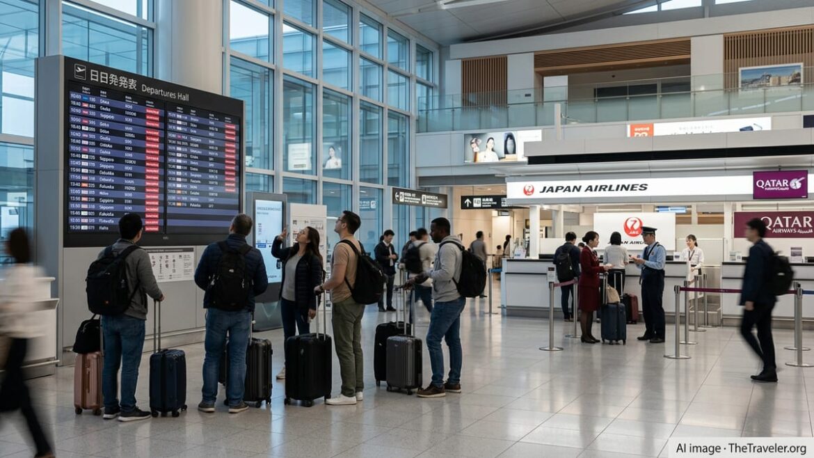 Travelers at Tokyo airport watching departure boards showing multiple flight cancellations.