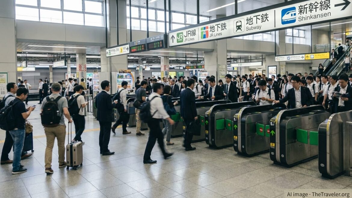 What Tourists Need to Know Travelers using IC card gates in a busy Japanese train station with bilingual signs.