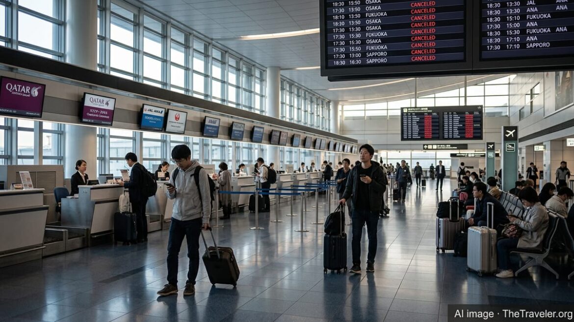Travelers at Tokyo airport check in counters with multiple flights shown as canceled on departure boards.