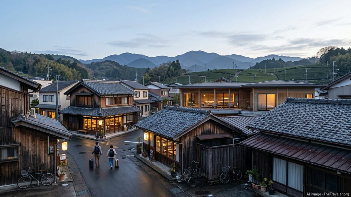 Early morning street in rural Shizuoka with renovated boutique hotels glowing against tea-covered hills.